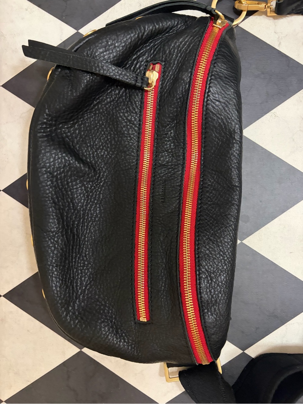 Hammitt Charles Lrg Black/Brushed Gold Leather Crossbody Belt Bag with Red-Trim - Picture 7 of 12
